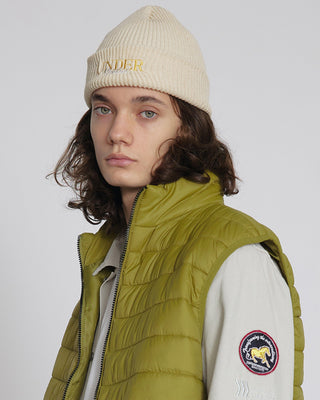 - Model wearing a short beanie in winter