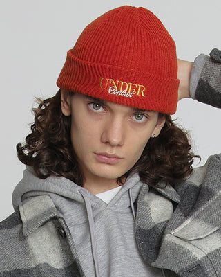 - Model wearing a short beanie in winter