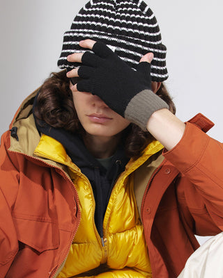 Close-up of cozy winter gloves in a snowy setting