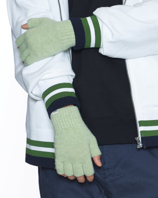 Cozy winter gloves next to a warm cup of cocoa